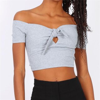 Bauchfreies Damen Off-Shoulder Top mit Knoten Hellgrau