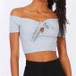 Bauchfreies Damen Off-Shoulder Top mit Knoten Hellgrau