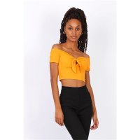 Womens off-the-shoulder crop top with knot mustard