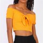 Bauchfreies Damen Off-Shoulder Top mit Knoten Senfgelb