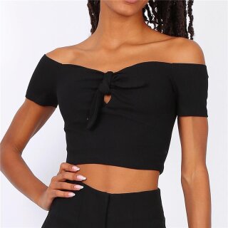 Bauchfreies Damen Off-Shoulder Top mit Knoten Schwarz