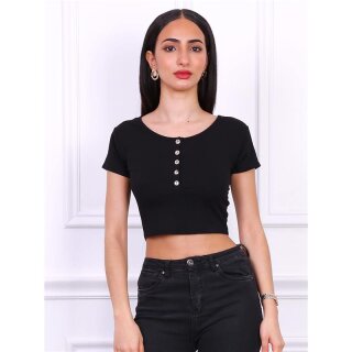 Bauchfreies Damen Kurzarm Feinripp Shirt mit Knöpfen Schwarz
