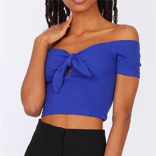 Womens off-the-shoulder crop top with knot royal blue Onesize (UK 8,10,12)