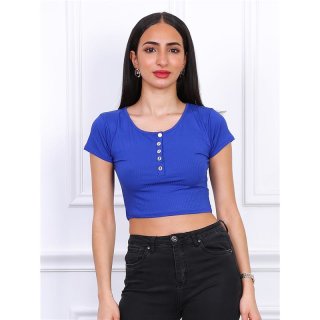 Bauchfreies Damen Kurzarm Feinripp Shirt mit Knöpfen Blau Einheitsgröße (34,36,38)
