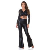 Damen Wetlook Schlaghose Boho-Style Schwarz