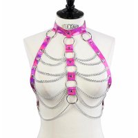 Harness Ketten Top aus Metall und Lackleder-Imitat Pink