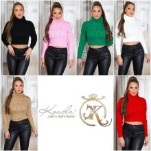 Womens knitted crop sweater with turtle neck creme-white