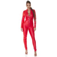 Sexy Damen Clubwear Overall Catsuit mit Zipper Wetlook Rot 42 (XL)