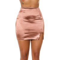 Short womens satin mini skirt with side slit brown