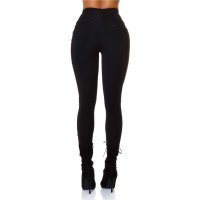 Gefütterte Damen Stoffhose Treggings mit Kunstleder Schwarz