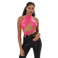 Cropped womens halterneck wrap top faux leather fuchsia