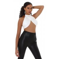 Cropped womens halterneck wrap top faux leather white...
