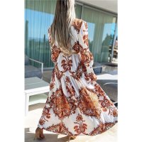 Long womens summer maxi dress with paisley pattern creme/brown