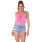 Sexy womens fine rib halterneck crop top fuchsia