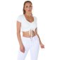 Short-sleeved womens crop top with gathers white Onesize (UK 8,10,12)