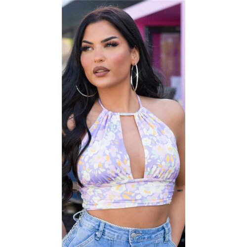 Damen Neckholder Crop-Top mit Blumenmuster Flieder