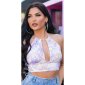 Damen Neckholder Crop-Top mit Blumenmuster Flieder