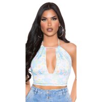 Damen Neckholder Crop-Top mit Blumenmuster Türkis