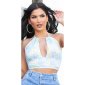 Womens halterneck crop top with flower print turquoise