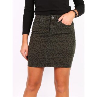 Eng anliegender Damen Jeans Minirock mit Leopardenmuster Khaki