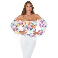 Damen Langarm Off-Shoulder Latina Top mit Blumenmuster Weiß