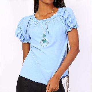 Sommerliches Damen Basic Shirt Kurzarm mit Halskette Hellblau