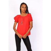 Sommerliches Damen Basic Shirt Kurzarm mit Halskette Rot