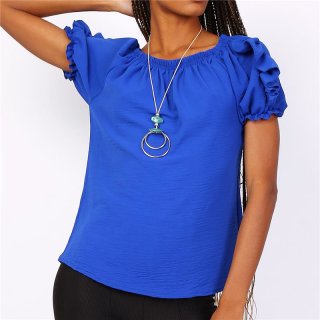 Sommerliches Damen Basic Shirt Kurzarm mit Halskette Royal Blau