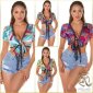 Bauchfreies Damen Sommer Wickeltop mit Fantasy-Print Gelb