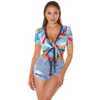 Womens cropped summer wrap top with fantasy print white