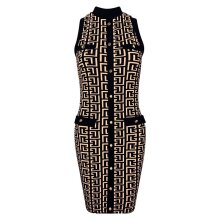Womens bodycon mini dress with fret pattern beige-black