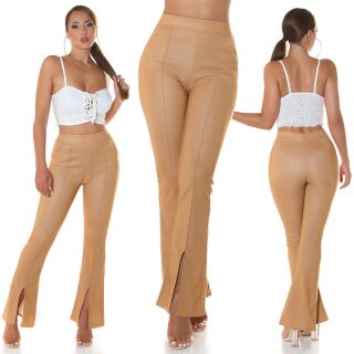 Damen Bundfalten-Stoffhose mit Schlag und Schlitz Beige