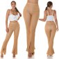 Damen Bundfalten-Stoffhose mit Schlag und Schlitz Beige