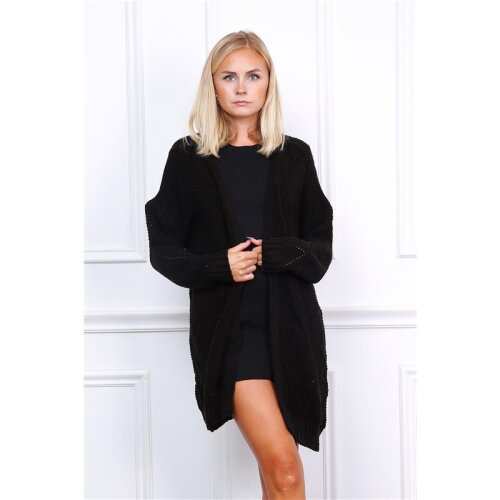 Damen Strickjacke Cardigan mit Lochmuster Schwarz