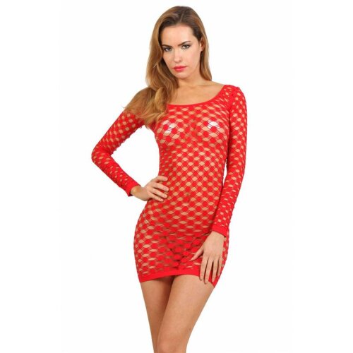 Damen Stretch Netzkleid transparent mit Muster Rot