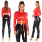 Long-sleeved womens crop shirt in leather look clubwear red