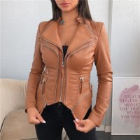 Stylish womens faux leather jacket in biker style camel