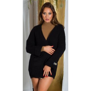 Elegant womens coarse-knit cardigan with pockets black