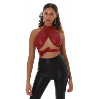 Cropped womens halterneck wrap top faux leather wine-red