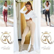 Highwaist Skinny Damenhose in Leder-Optik Beige