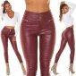 Skinny womens high waist trousers in leather look wine-red