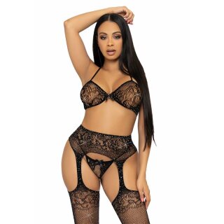 Sexy 3-tlg Leg Avenue Damen Dessous-Set mit Strass Schwarz