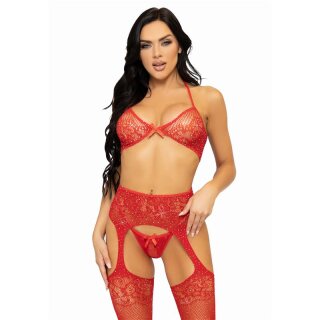 Sexy 3-tlg Leg Avenue Damen Dessous-Set mit Strass Rot