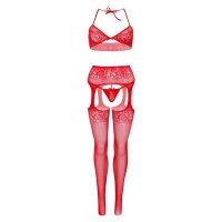 Sexy 3-tlg Leg Avenue Damen Dessous-Set mit Strass Rot
