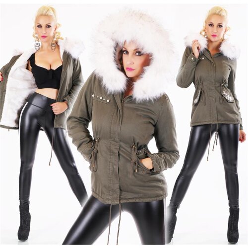 Kurzer Damen Parka Mantel Winterjacke mit Kunstfell Olivgrün