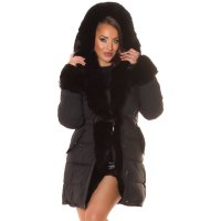 Long womens winter puffer jacket with hood & fake fur black