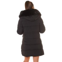 Long womens winter puffer jacket with hood & fake fur black