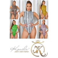 Damen Wetlook Body mit Schlangenmuster Gogo Clubwear Gelb