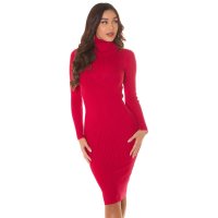 Elegantes Damen Rippstrick-Kleid mit Rollkragen Rot