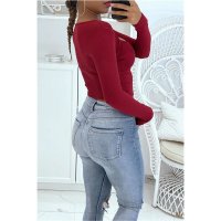 Cropped womens basic rib-knitted long-sleeved shirt wine-red